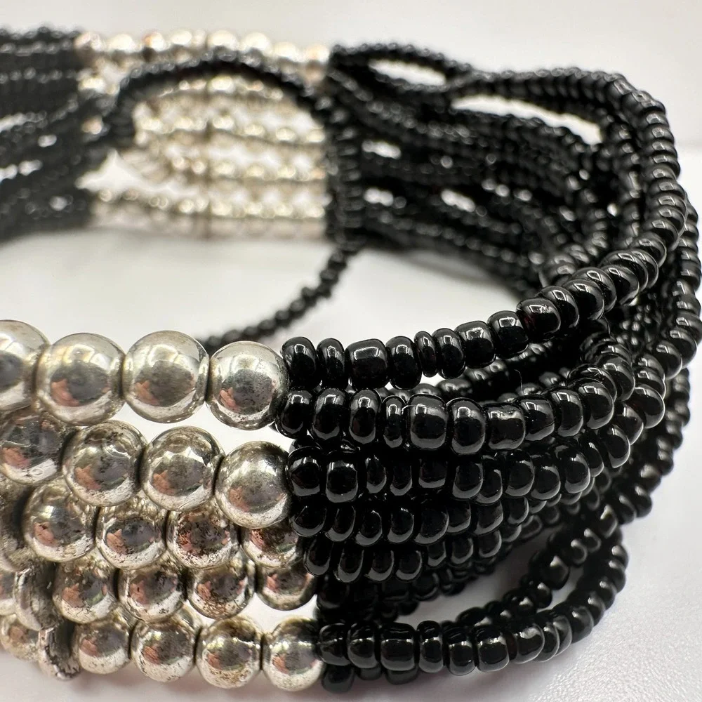 Vintage Y2K Black Beaded Multi-Strand Bracelet Silver‎ Tone Statement Jewelry